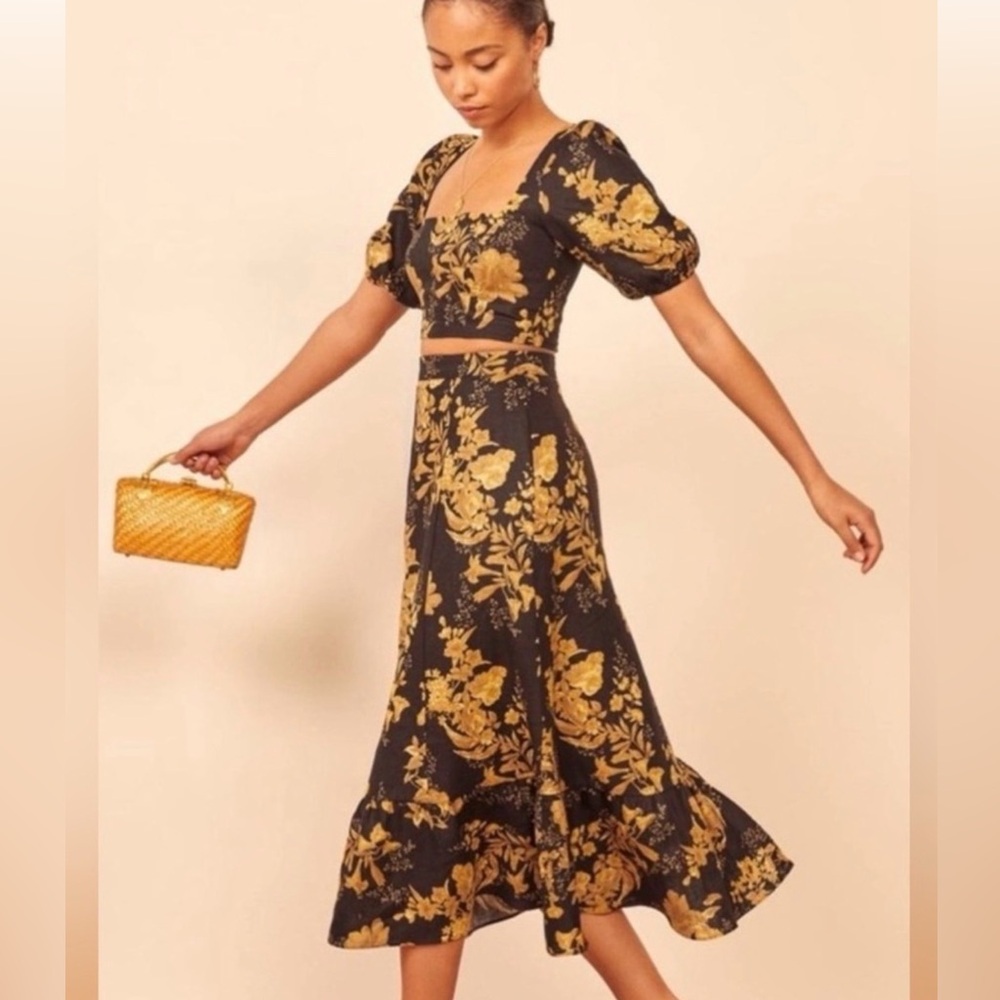 Reformation Black Maxi Skirt with Gold Floral Print